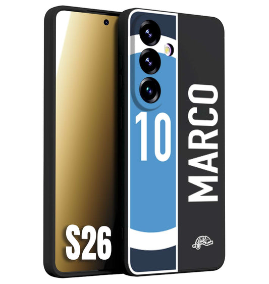 CUSTOMIZZA - Custodia cover nera morbida in tpu compatibile per Samsung S26 personalizzata calcio football nome e numero calciatori biancoazzurri bianco celesti