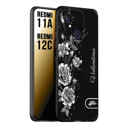 CUSTOMIZZA - Custodia cover nera morbida in tpu compatibile per Xiaomi Redmi 11A - 12C a rilievo soft touch personalizzata nome rose fiori donna