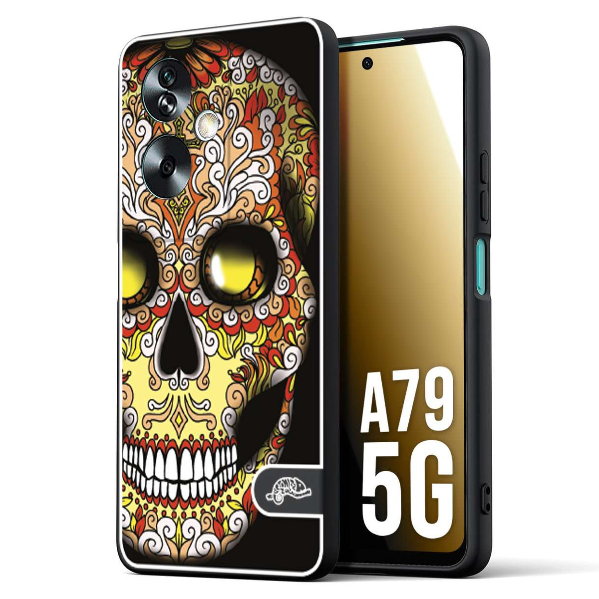 CUSTOMIZZA - Custodia cover nera morbida in tpu compatibile per Oppo A79 5G teschio messicano Mexican skull giallo rosso arancio