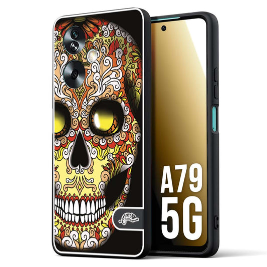 CUSTOMIZZA - Custodia cover nera morbida in tpu compatibile per Oppo A79 5G teschio messicano Mexican skull giallo rosso arancio