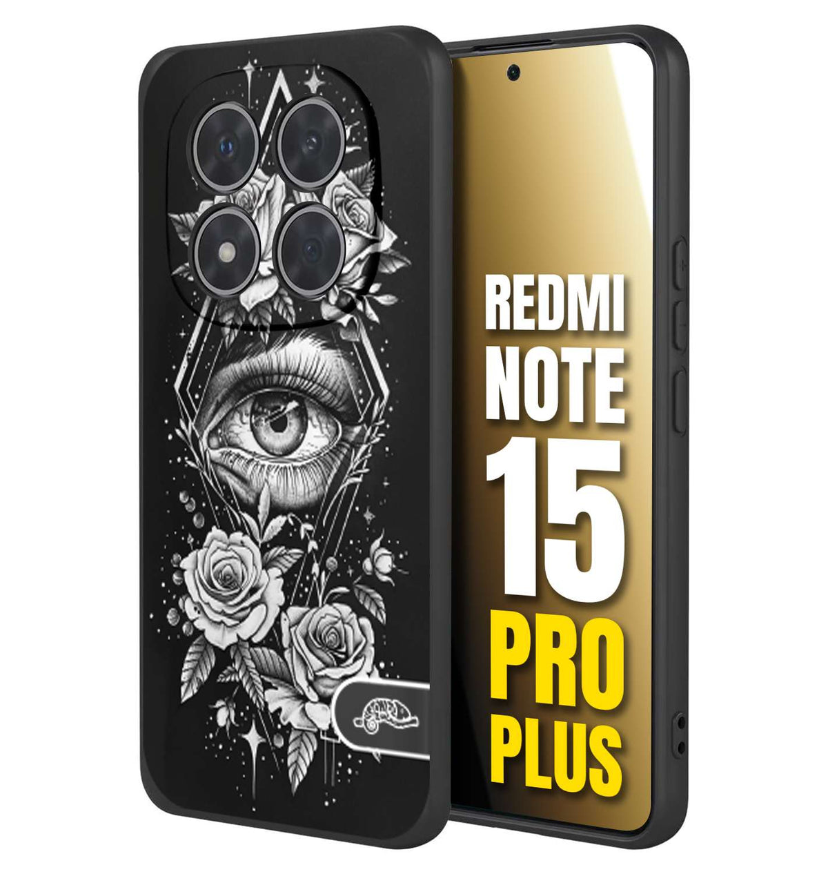 CUSTOMIZZA - Custodia cover nera morbida in tpu compatibile per Xiaomi Redmi Note 15 PRO PLUS occhio fiori rombo geometrico black and white bianco a rilievo disegnato tattoo tatuaggio