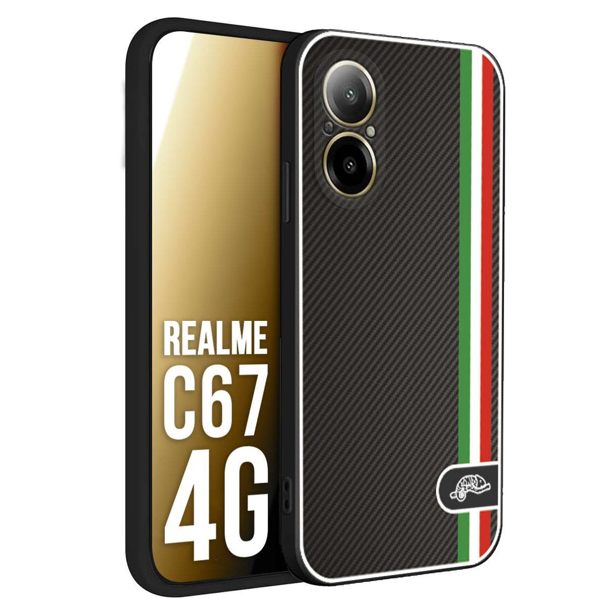 CUSTOMIZZA - Custodia cover nera morbida in tpu compatibile per Realme C67 4G effetto fibra di carbonio bandiera Italia made in Italy