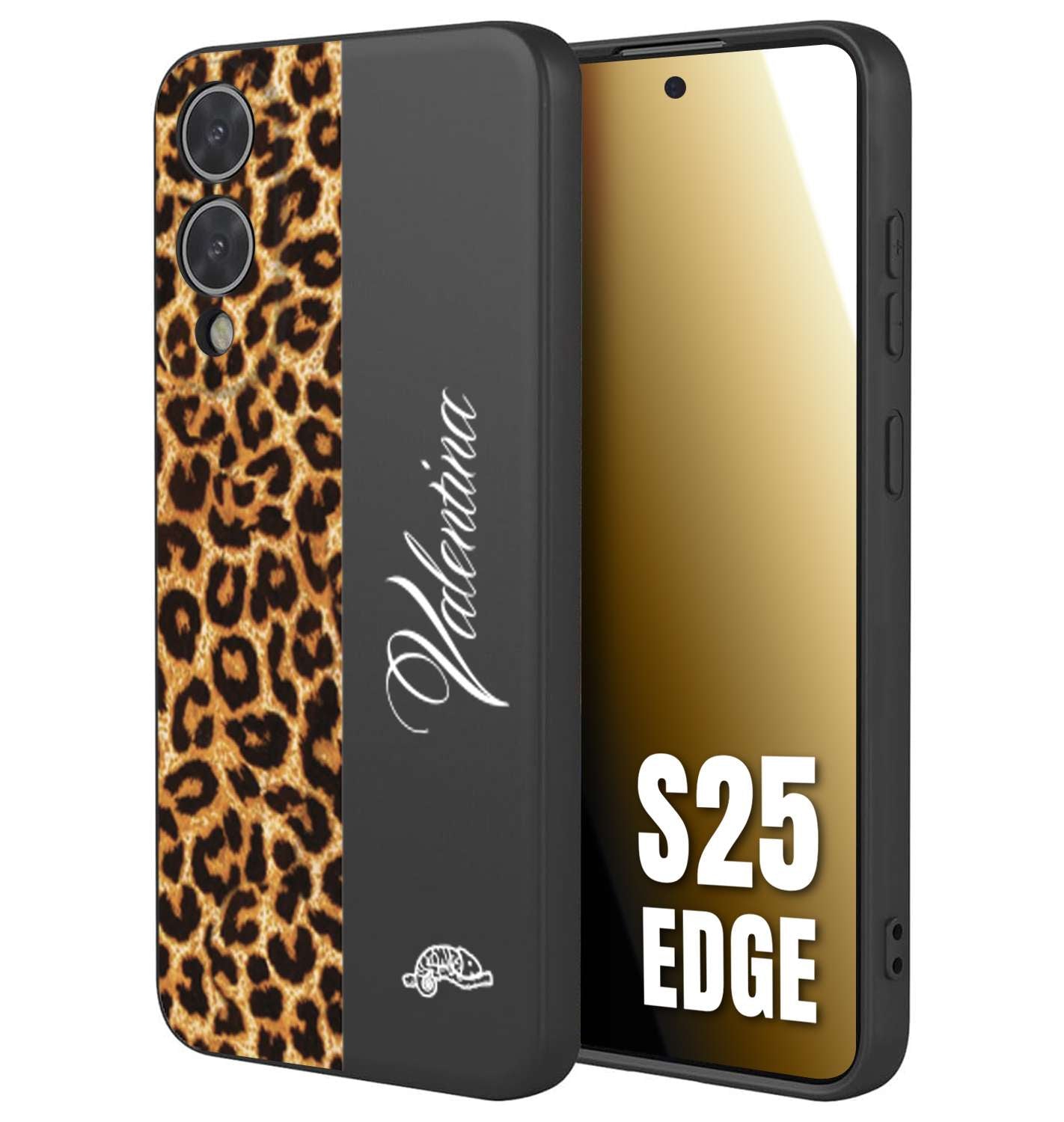 CUSTOMIZZA - Custodia cover nera morbida in tpu compatibile per Samsung S25 EDGE custom nome scritta leopardato maculato donna marrone leopard