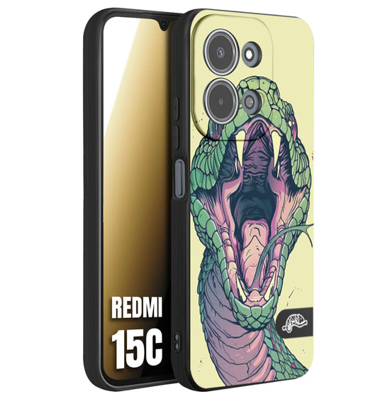 CUSTOMIZZA - Custodia cover nera morbida in tpu compatibile per Xiaomi Redmi 15C snake yellow green serpente tatuaggio tattoo disegnato a mano
