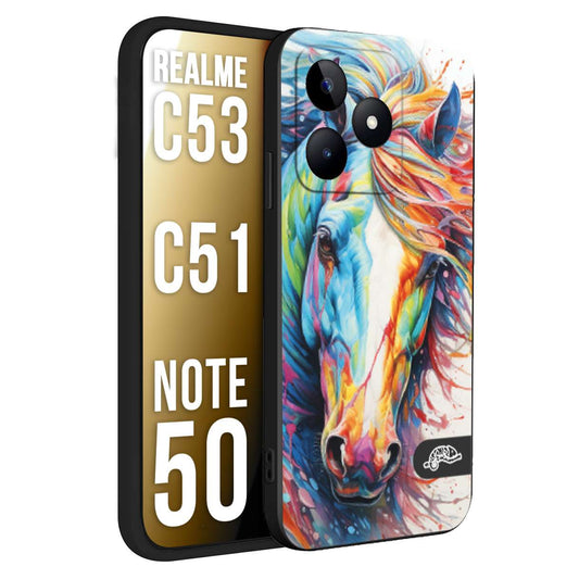 CUSTOMIZZA - Custodia cover nera morbida in tpu compatibile per Oppo Realme C53 - C51 - NOTE 50 animali color cavallo horse viso colori vibranti disegnato schizzo