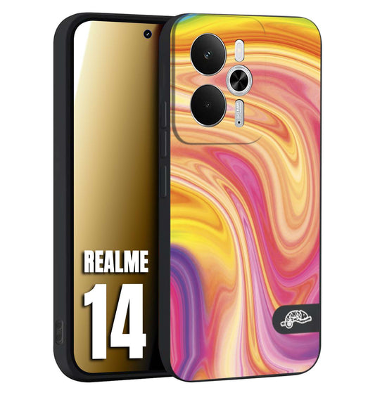 CUSTOMIZZA - Custodia cover nera morbida in tpu compatibile per Realme 14 5G colorata fantasia vortice marmo onde rosa fucsia gialla