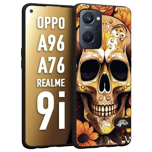 CUSTOMIZZA - Custodia cover nera morbida in tpu compatibile per Realme 9i - A96 - A76 teschio messicano colorato dorato fiori tattoo disegnato