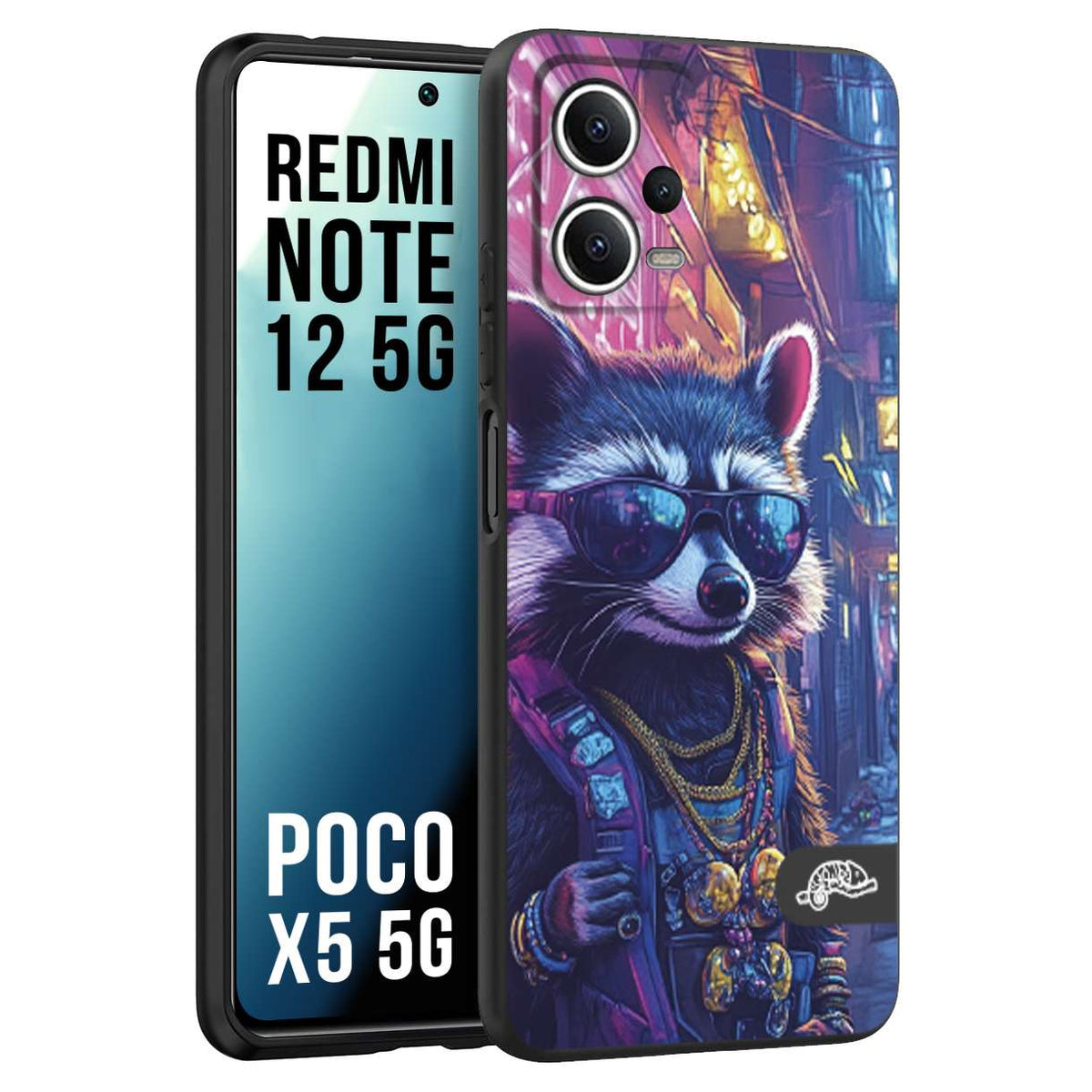 CUSTOMIZZA - Custodia cover nera morbida in tpu compatibile per Xiaomi Redmi Note 12 5G - POCO X5 5G animali simpatici cyberpunk procione racoon street cat fucsia blu giallo