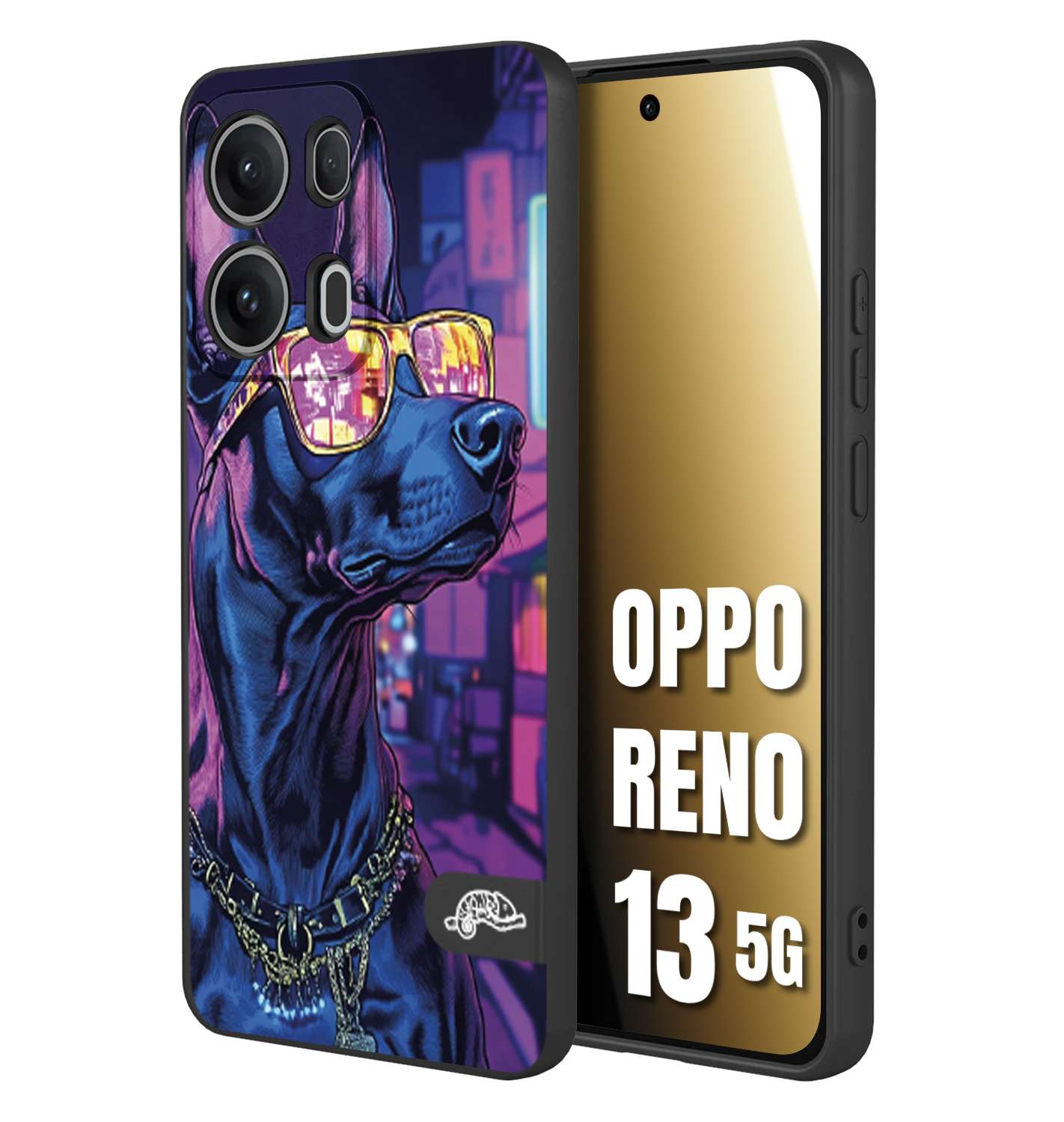 CUSTOMIZZA - Custodia cover nera morbida in tpu compatibile per Oppo Reno 13 5G animali cyberpunk dobermann cane street dog fucsia blu night