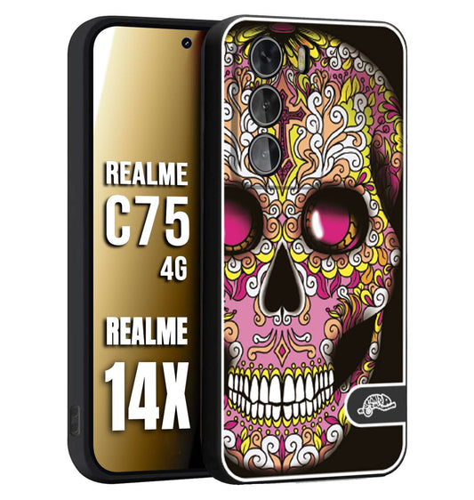 CUSTOMIZZA - Custodia cover nera morbida in tpu compatibile per Realme 14X - C75 4G teschio messicano Mexican skull rosa gialla
