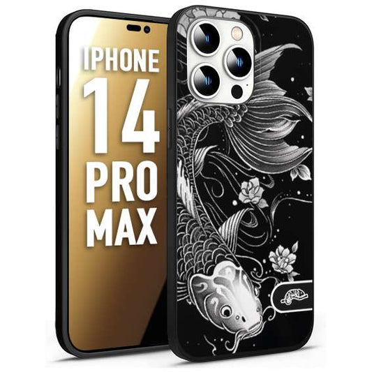 CUSTOMIZZA - Custodia cover nera morbida in tpu compatibile per iPhone 14 PRO MAX carpa koi black and white bianco a rilievo disegnato tattoo tatuaggio