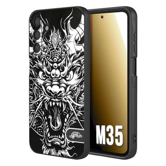 CUSTOMIZZA - Custodia cover nera morbida in tpu compatibile per Samsung M35 drago black and white bianco a rilievo disegnato tattoo tatuaggio