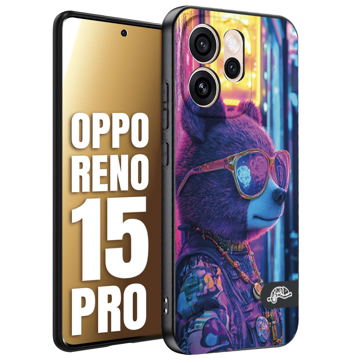 CUSTOMIZZA - Custodia cover nera morbida in tpu compatibile per Oppo Reno 15 PRO animali cyberpunk orsetto orso street bear fucsia blu night