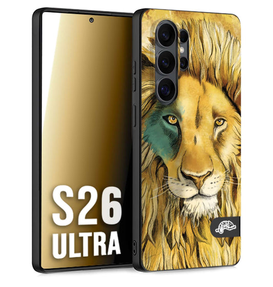 CUSTOMIZZA - Custodia cover nera morbida in tpu compatibile per Samsung S26 ULTRA leone lion disegnato a mano giallo blu a rilievo artistico brown