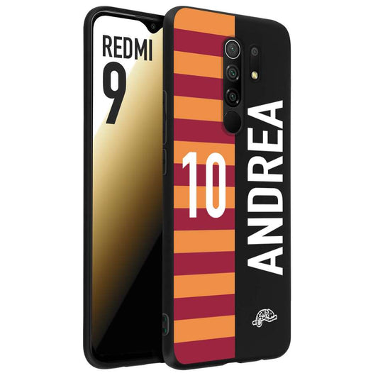 CUSTOMIZZA - Custodia cover nera morbida in tpu compatibile per Xiaomi Redmi 9 personalizzata calcio football nome e numero calciatori giallo rossi