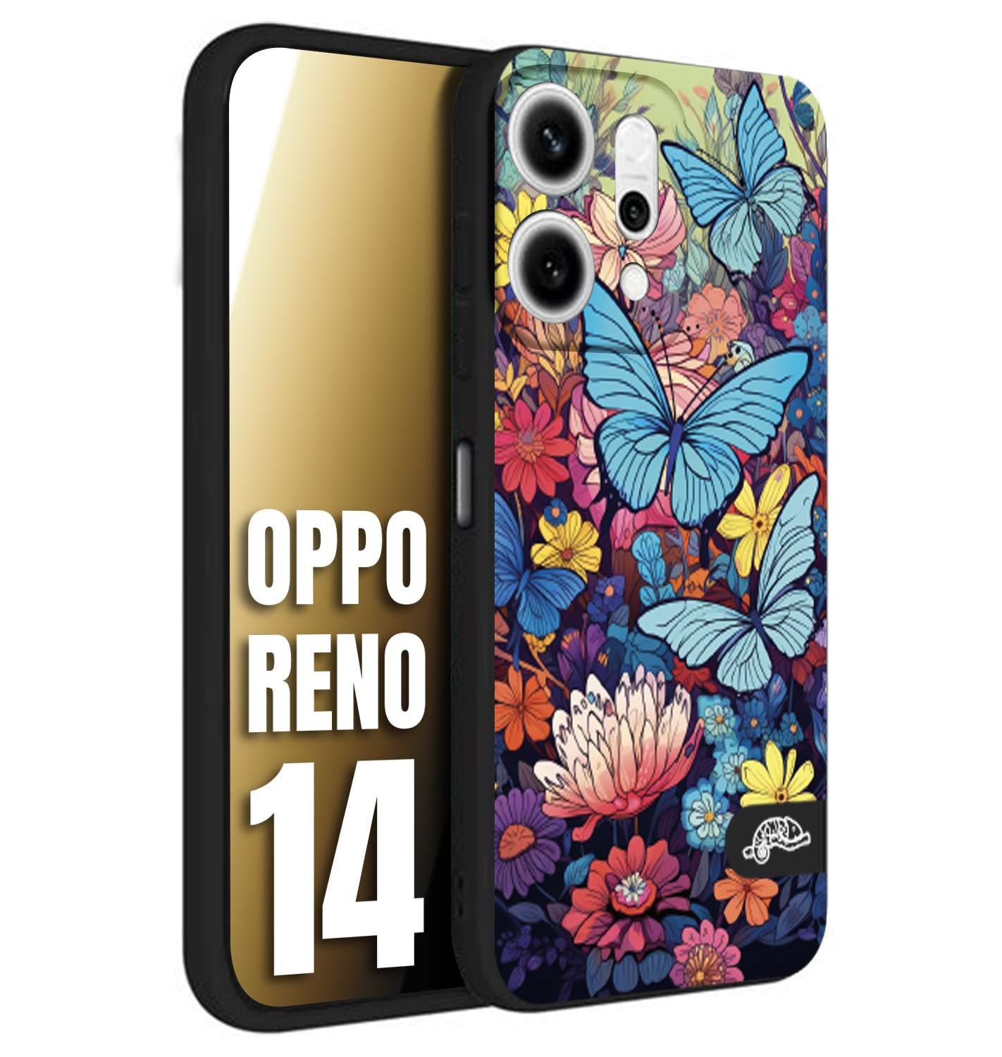 CUSTOMIZZA - Custodia cover nera morbida in tpu compatibile per Oppo Reno 14 farfalle butterfly moderno donna disegnate gialla blu rosa