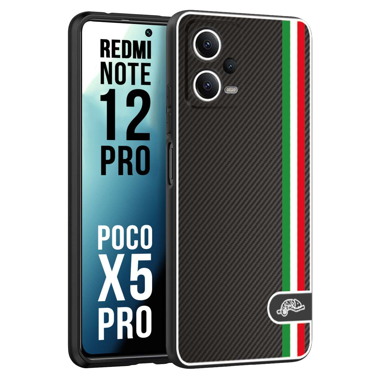 CUSTOMIZZA - Custodia cover nera morbida in tpu compatibile per Xiaomi Redmi Note 12 PRO - POCO X5 PRO effetto fibra di carbonio bandiera Italia made in Italy