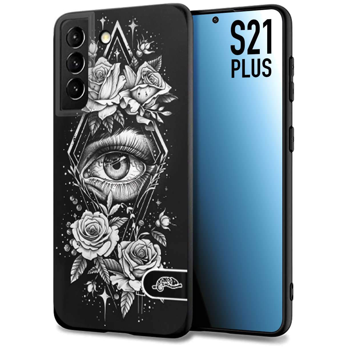 CUSTOMIZZA - Custodia cover nera morbida in tpu compatibile per Samsung S21 PLUS occhio fiori rombo geometrico black and white bianco a rilievo disegnato tattoo tatuaggio