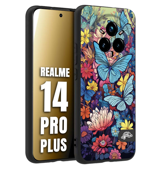CUSTOMIZZA - Custodia cover nera morbida in tpu compatibile per Realme 14 PRO PLUS farfalle butterfly moderno donna disegnate gialla blu rosa