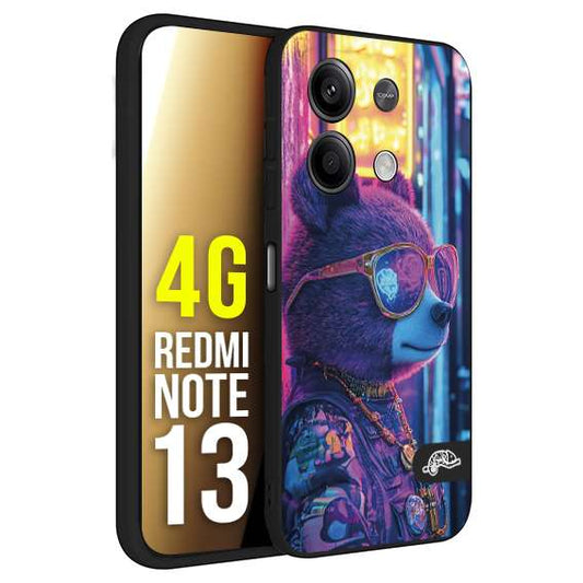 CUSTOMIZZA - Custodia cover nera morbida in tpu compatibile per Xiaomi Redmi Note 13 4G animali cyberpunk orsetto orso street bear fucsia blu night