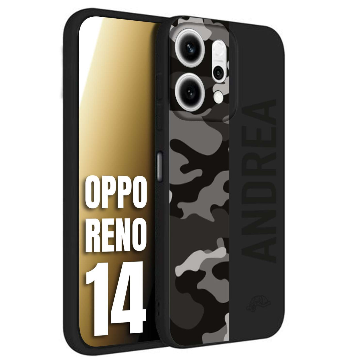 CUSTOMIZZA - Custodia cover nera morbida in tpu compatibile per Oppo Reno 14 camouflage mimetico militare personalizzata nome