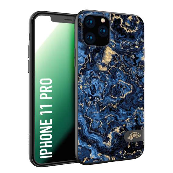 CUSTOMIZZA - Custodia cover nera morbida in tpu compatibile per iPhone 11 PRO effetto marmo marble blu venature dorato psichedelico