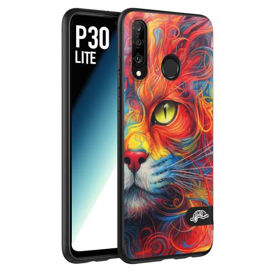 CUSTOMIZZA - Custodia cover nera morbida in tpu compatibile per Huawei P30 LITE animali color cat gatto viso colori vibranti disegnato schizzo