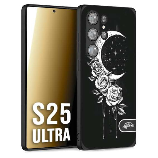 CUSTOMIZZA - Custodia cover nera morbida in tpu compatibile per Samsung S25 ULTRA luna e fiori moon flowers black and white bianco a rilievo disegnato