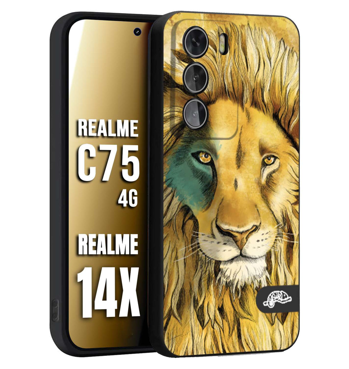 CUSTOMIZZA - Custodia cover nera morbida in tpu compatibile per Realme 14X - C75 4G leone lion disegnato a mano giallo blu a rilievo artistico brown