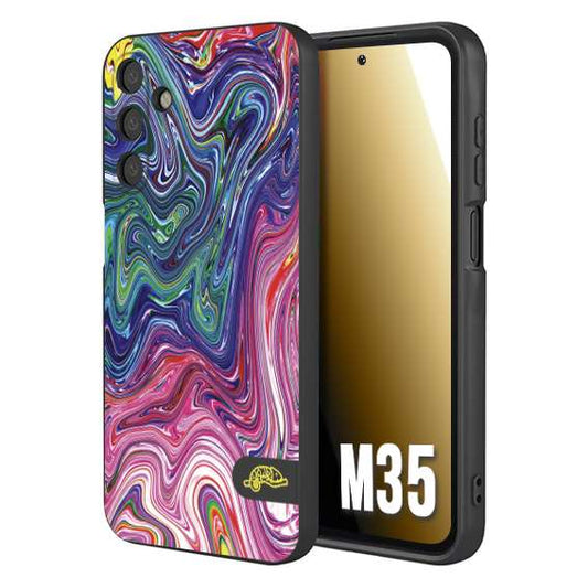 CUSTOMIZZA - Custodia cover nera morbida in tpu compatibile per Samsung M35 colorata fantasia vortice marmo arcobaleno rosa blu fucsia