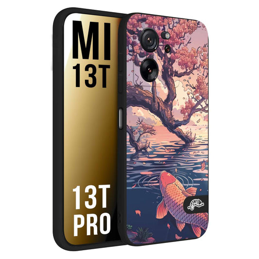 CUSTOMIZZA - Custodia cover nera morbida in tpu compatibile per Xiaomi 13T - 13T PRO giapponese lago carpa koi rosa con foglie d'acero disegnata tattoo