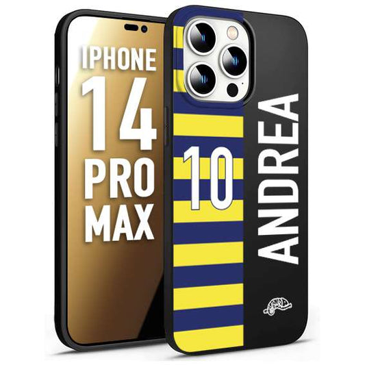 CUSTOMIZZA - Custodia cover nera morbida in tpu compatibile per iPhone 14 PRO MAX personalizzata calcio football nome e numero calciatori giallo blu