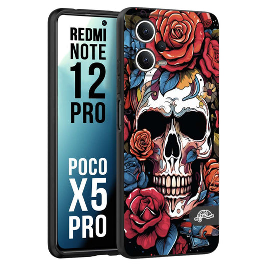 CUSTOMIZZA - Custodia cover nera morbida in tpu compatibile per Xiaomi Redmi Note 12 PRO - POCO X5 PRO teschio skull flowers fiori rose rosse tattoo disegnato