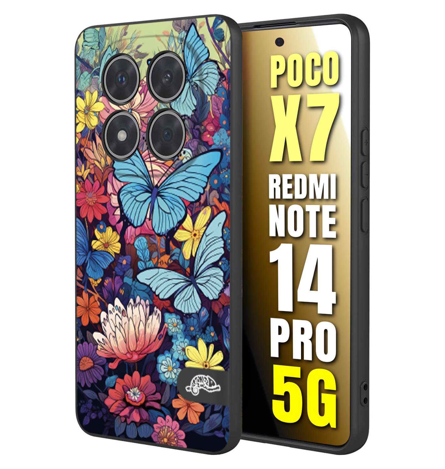 CUSTOMIZZA - Custodia cover nera morbida in tpu compatibile per Xiaomi Redmi Note 14 PRO 5G farfalle butterfly moderno donna disegnate gialla blu rosa