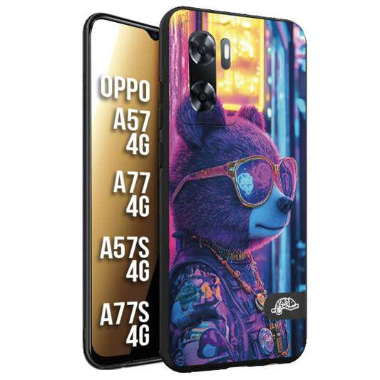 CUSTOMIZZA - Custodia cover nera morbida in tpu compatibile per Oppo A57 - A77 - A57S - A77S (4G) animali cyberpunk orsetto orso street bear fucsia blu night