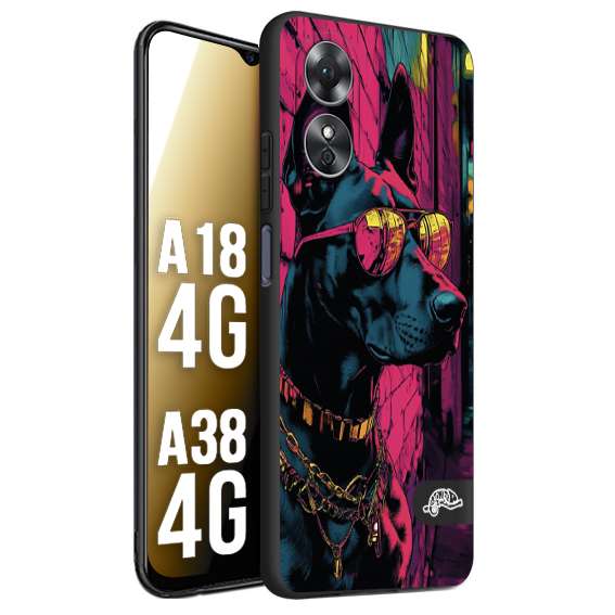 CUSTOMIZZA - Custodia cover nera morbida in tpu compatibile per Oppo A18 4G - A38 4G animali cyberpunk dobermann cane street dog fucsia blu