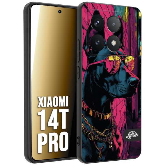 CUSTOMIZZA - Custodia cover nera morbida in tpu compatibile per Xiaomi 14T PRO animali cyberpunk dobermann cane street dog fucsia blu