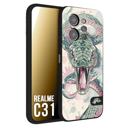 CUSTOMIZZA - Custodia cover nera morbida in tpu compatibile per Realme C31 snake pink green serpente tatuaggio tattoo disegnato a mano