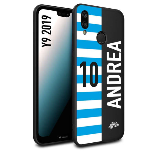 CUSTOMIZZA - Custodia cover nera morbida in tpu compatibile per Huawei Y9 2019 personalizzata calcio football nome e numero calciatori biancazzurri