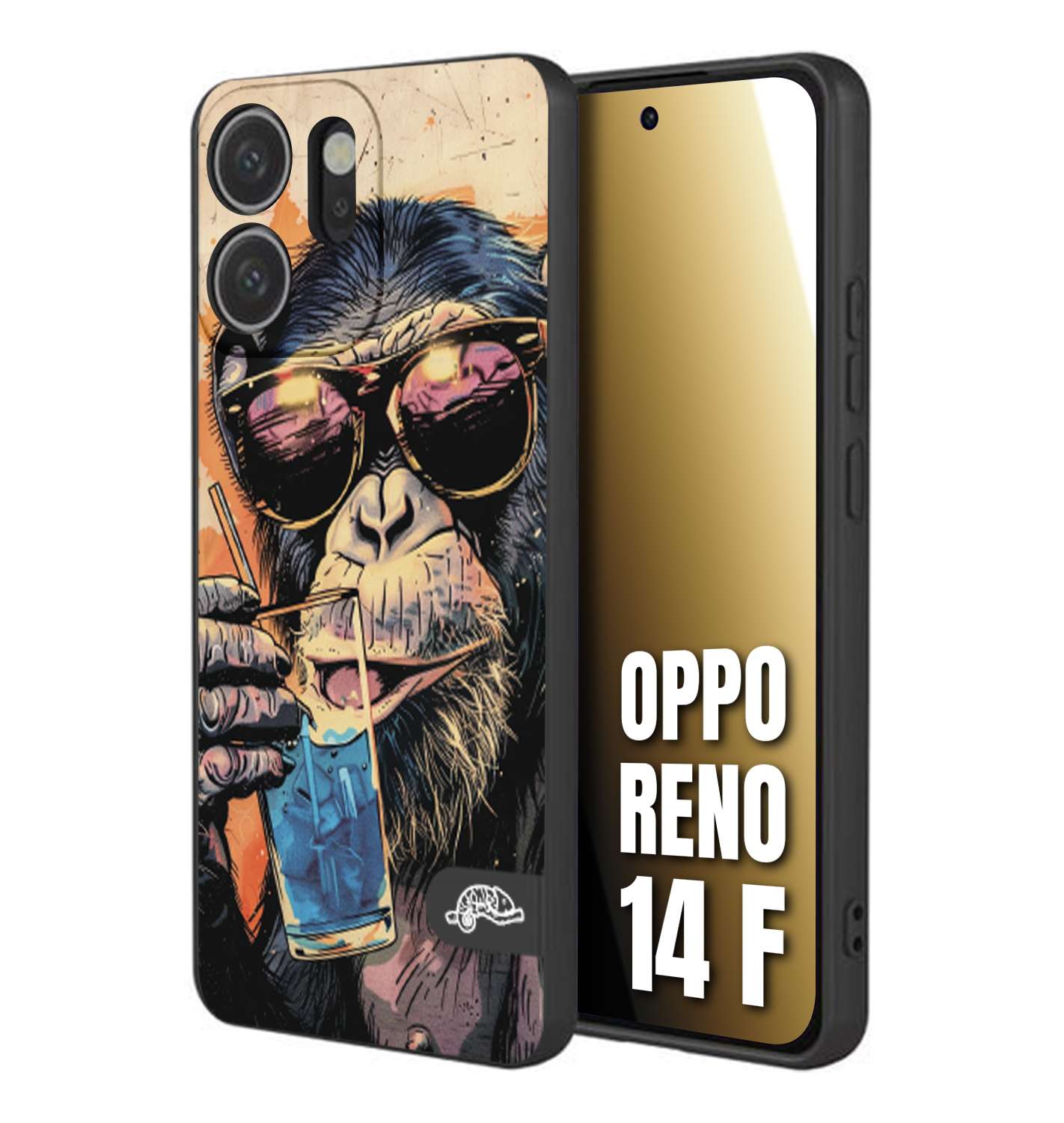CUSTOMIZZA - Custodia cover nera morbida in tpu compatibile per Oppo Reno 14 F estate disegnata cocktails animali simpatici scimmia monkey negroni