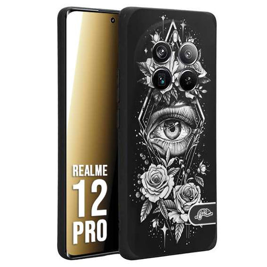 CUSTOMIZZA - Custodia cover nera morbida in tpu compatibile per Realme 12 PRO occhio fiori rombo geometrico black and white bianco a rilievo disegnato tattoo tatuaggio