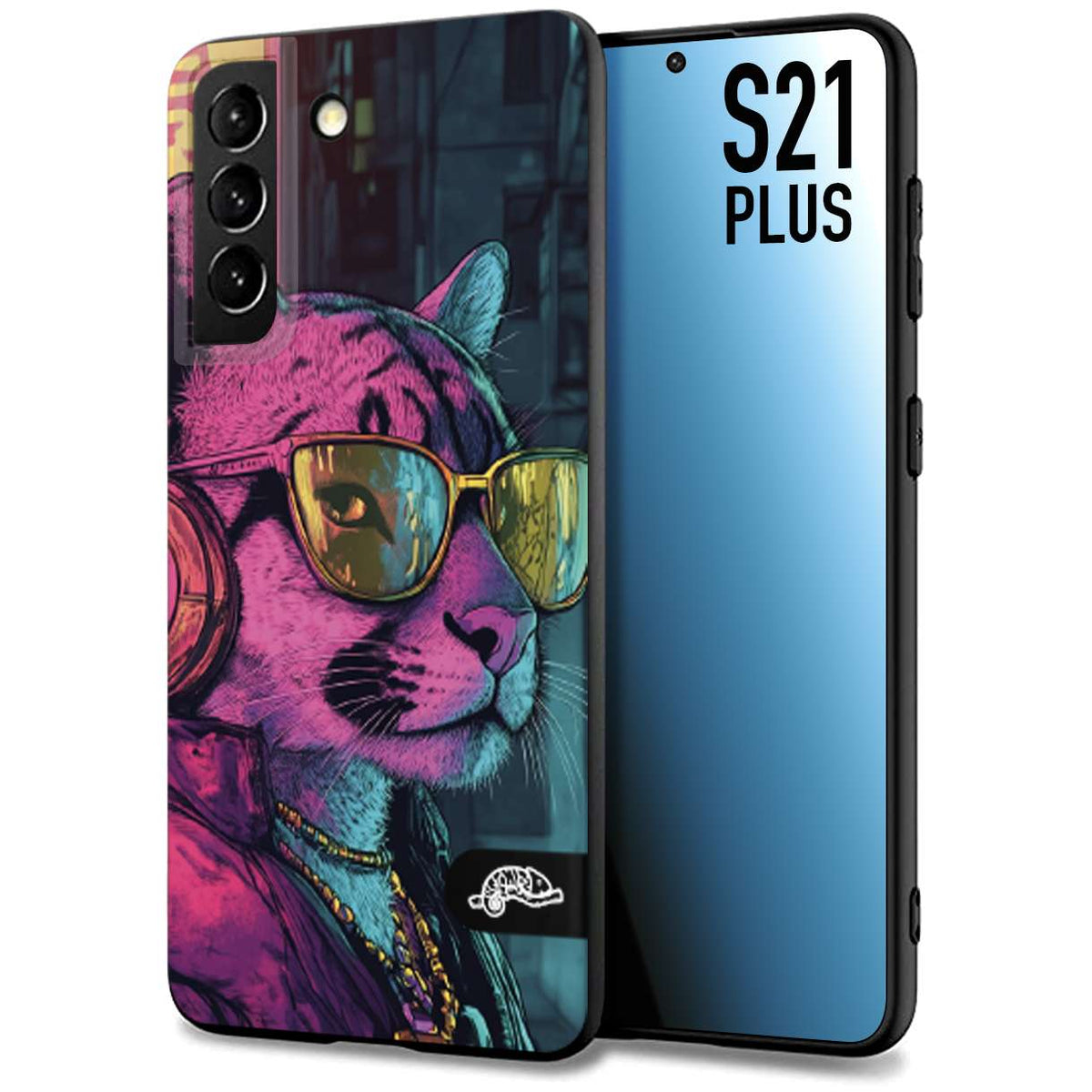 CUSTOMIZZA - Custodia cover nera morbida in tpu compatibile per Samsung S21 PLUS animali cyberpunk pantera street cat fucsia blu giallo