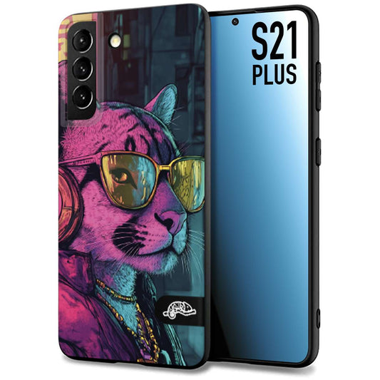 CUSTOMIZZA - Custodia cover nera morbida in tpu compatibile per Samsung S21 PLUS animali cyberpunk pantera street cat fucsia blu giallo