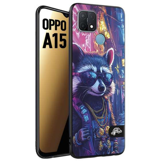 CUSTOMIZZA - Custodia cover nera morbida in tpu compatibile per Oppo A15 animali simpatici cyberpunk procione racoon street cat fucsia blu giallo