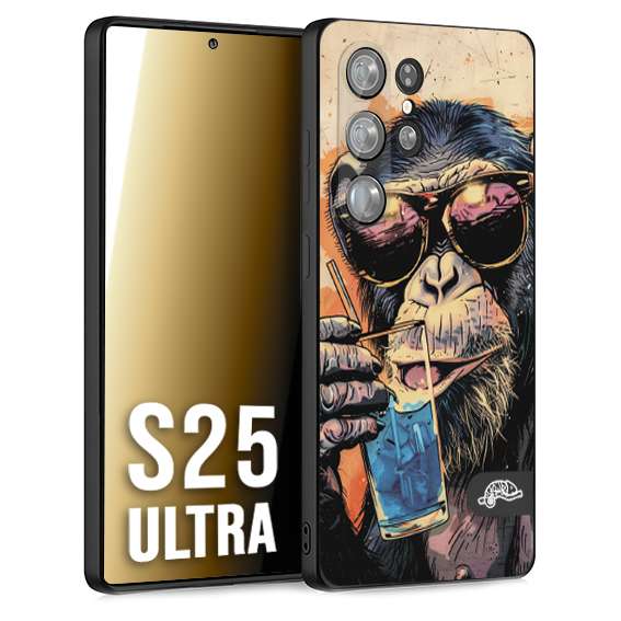 CUSTOMIZZA - Custodia cover nera morbida in tpu compatibile per Samsung S25 ULTRA estate disegnata cocktails animali simpatici scimmia monkey negroni