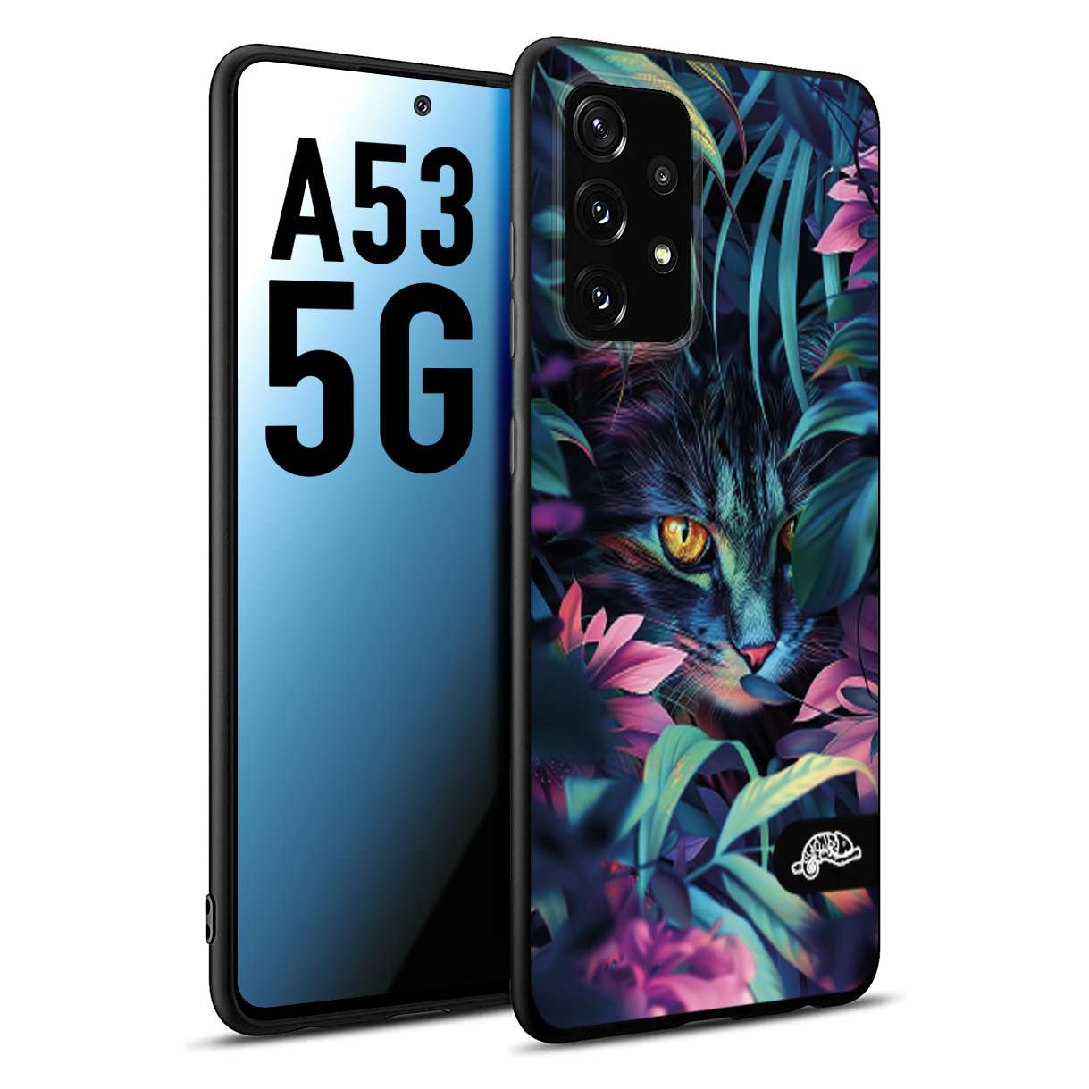 CUSTOMIZZA - Custodia cover nera morbida in tpu compatibile per Samsung A53 5G animali color giungla tropicale occhio di gatto colori vibranti disegnato