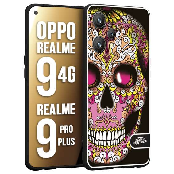 CUSTOMIZZA - Custodia cover nera morbida in tpu compatibile per Realme 9 4G - 9 PRO PLUS teschio messicano Mexican skull rosa gialla