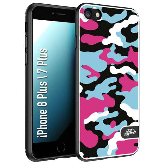 CUSTOMIZZA - Custodia cover nera morbida in tpu compatibile per iPhone 7 Plus - 8 plus camouflage mimetico militare fucsia celeste