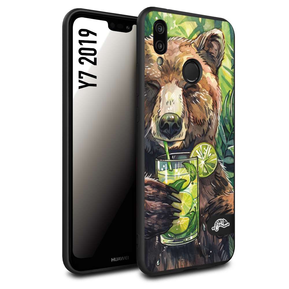 CUSTOMIZZA - Custodia cover nera morbida in tpu compatibile per Huawei Y7 2019 estate disegnata cocktails animali simpatici orso bear negroni