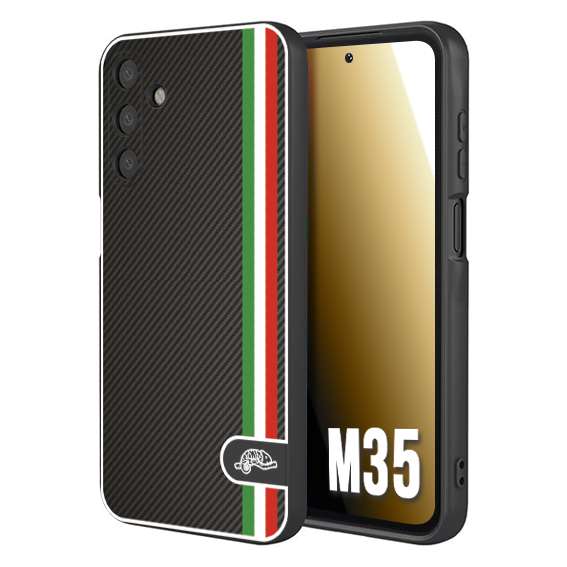 CUSTOMIZZA - Custodia cover nera morbida in tpu compatibile per Samsung M35 effetto fibra di carbonio bandiera Italia made in Italy